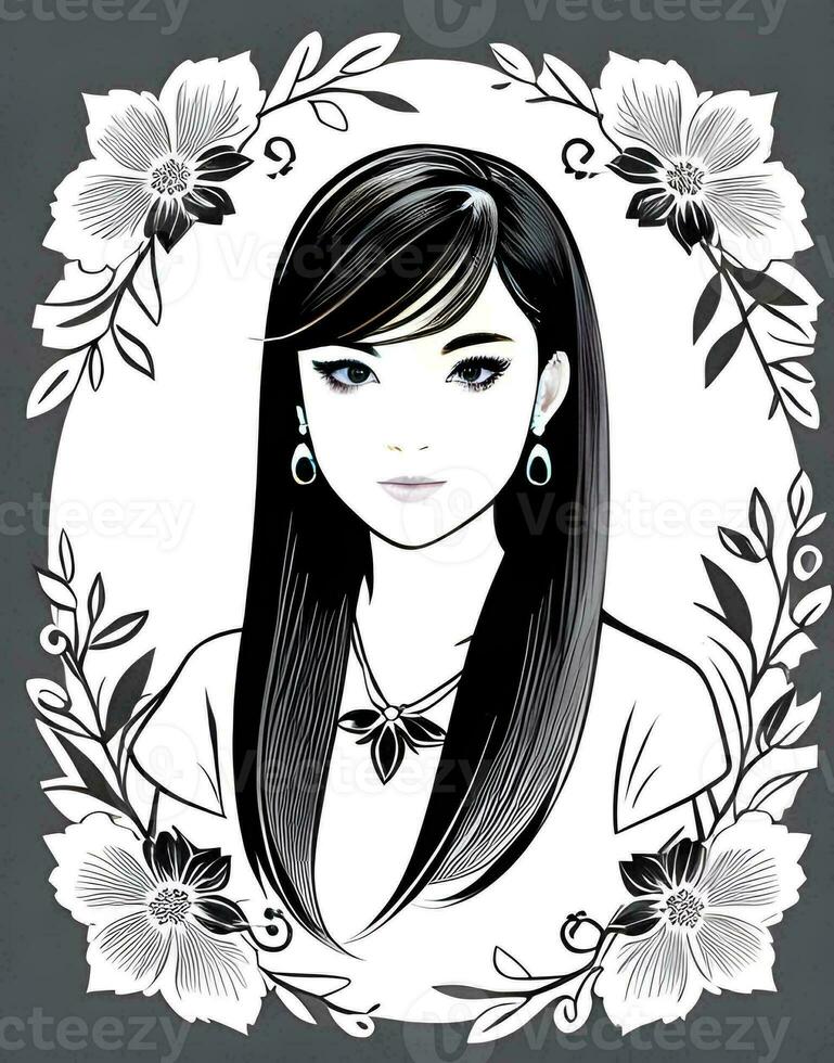 AI generated Fantasy generative AI on the theme of Belladonna. Black and White portrait of a fairytale woman in floral style. photo