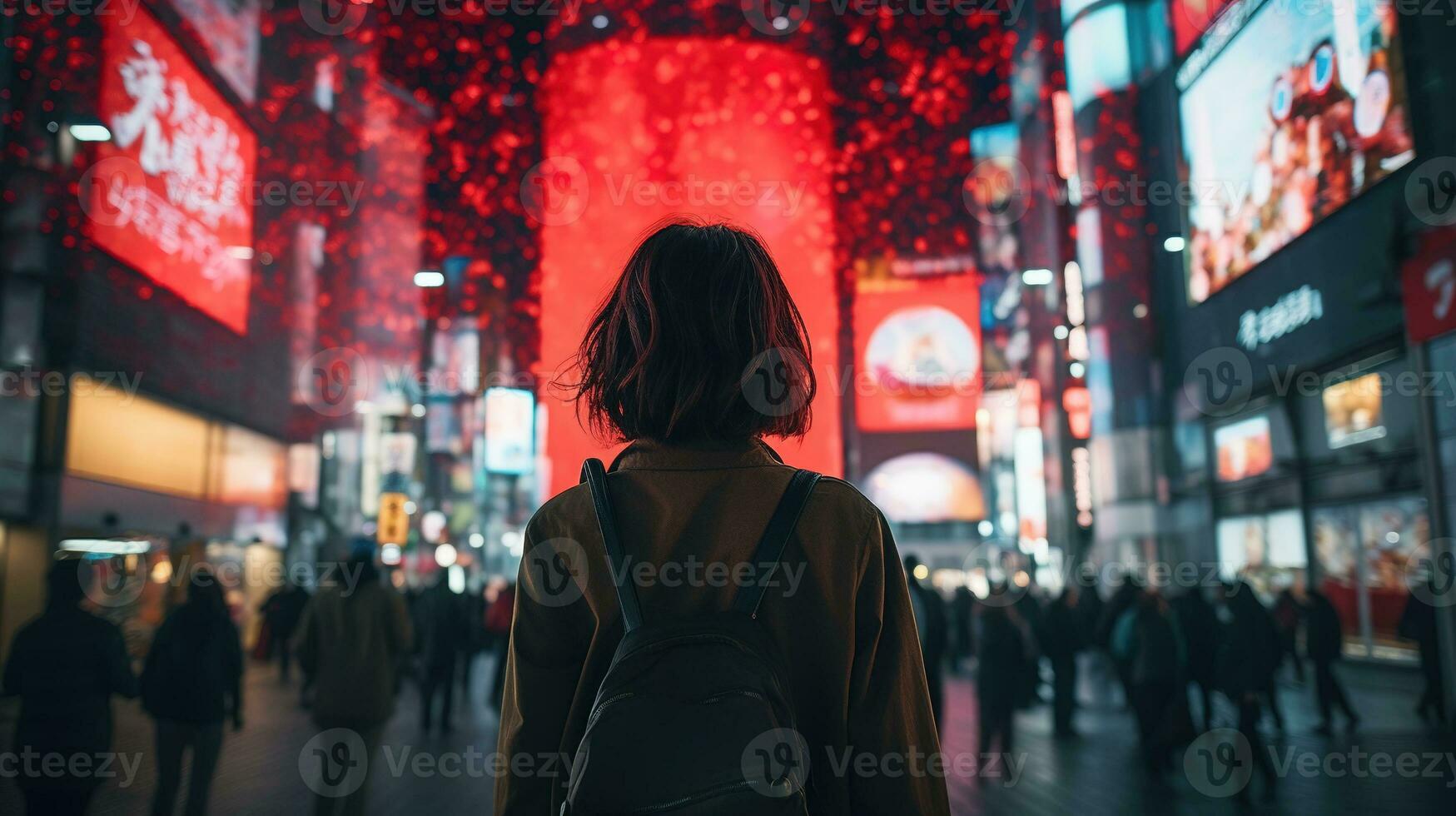 AI generated Generative AI, beautiful girl on night of the neon street of Japan, cyberpunk style photo
