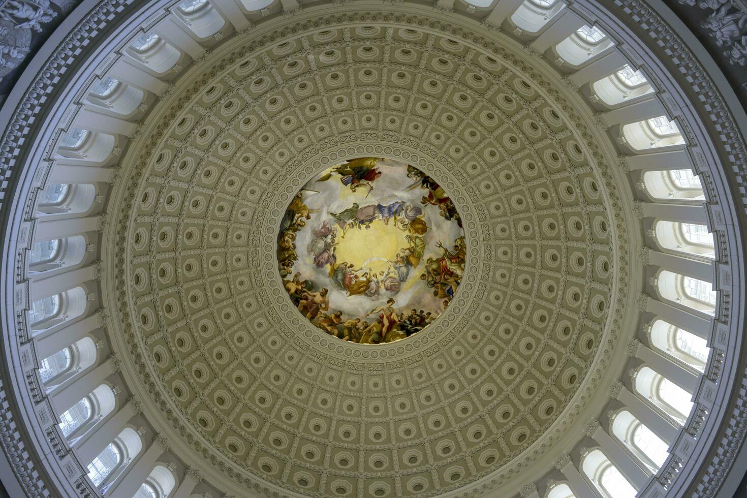 Washington DC, USA, 2023. The Capitol Rotunda ceiling, a large domed circular room located in the center of the U.S. Capitol. photo