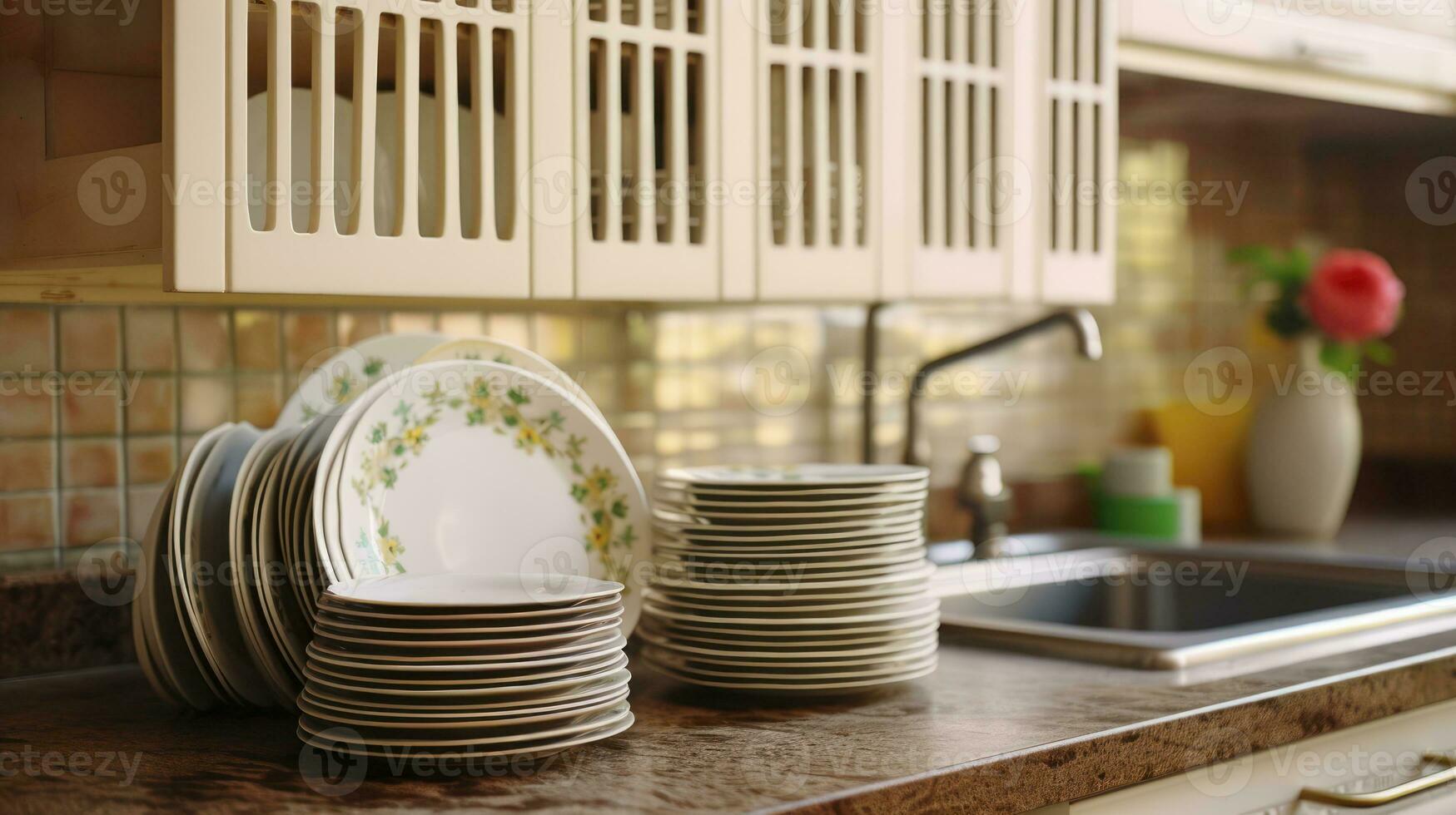 AI generated A Vintage Kitchen Brimming with Clean Plates, Nestled Among Wooden and Stone Elements. photo