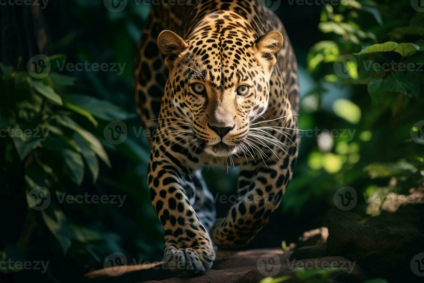 AI generated Lone leopard walking and hunting in nature during daytime photo