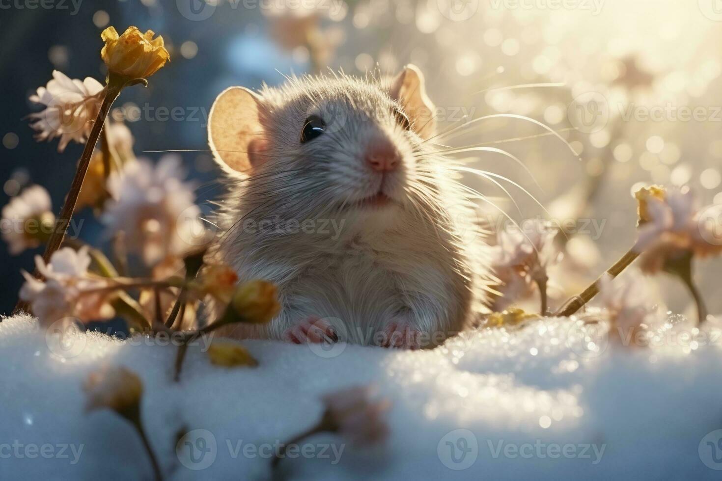 AI generated Little cute white mouse sitting on a branch of a spring flowering photo
