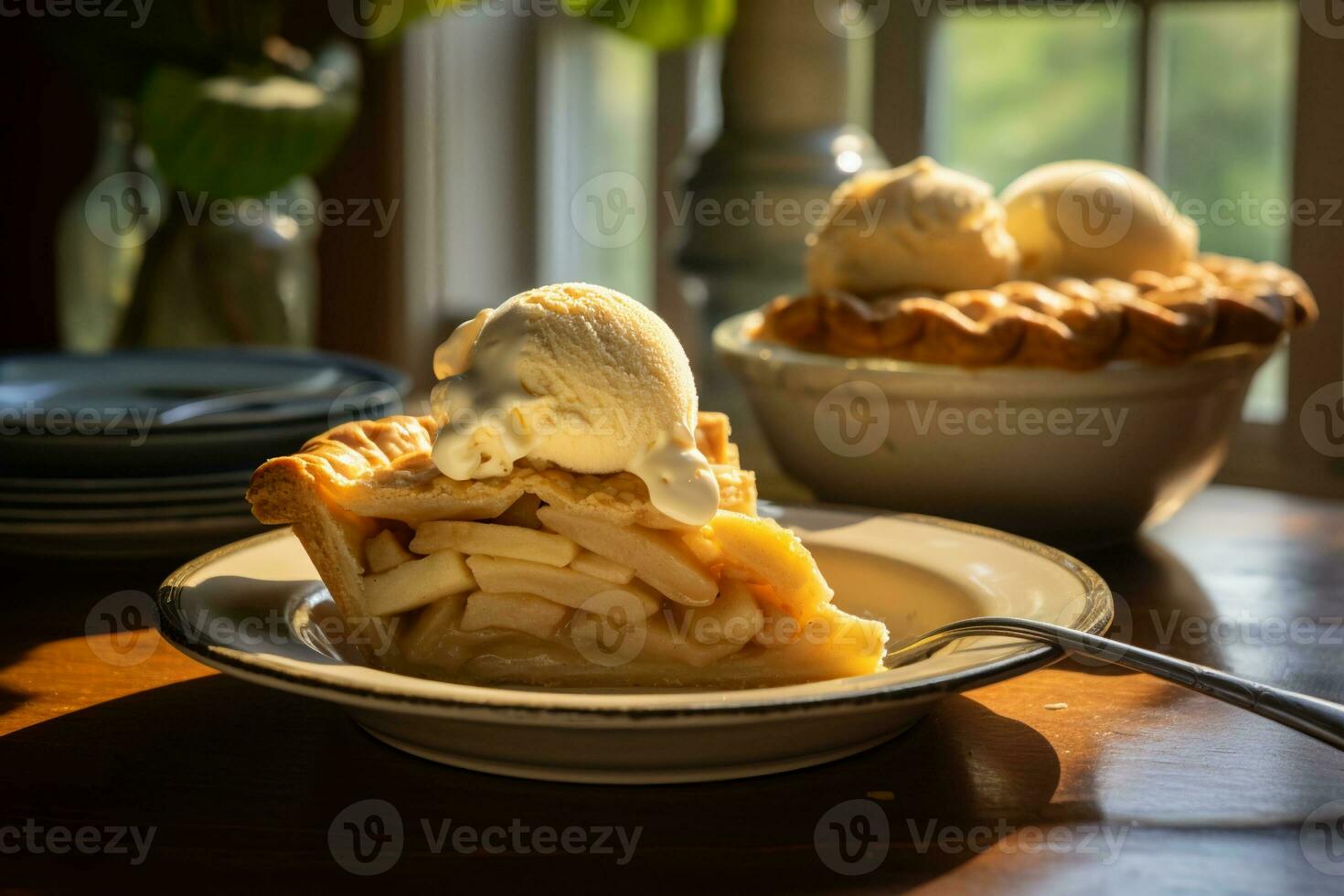 AI generated a slice of apple pie with melted ice cream photo