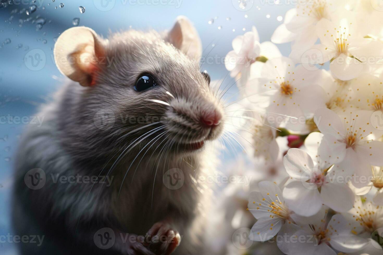 AI generated Little cute white mouse sitting on a branch of a spring flowering photo