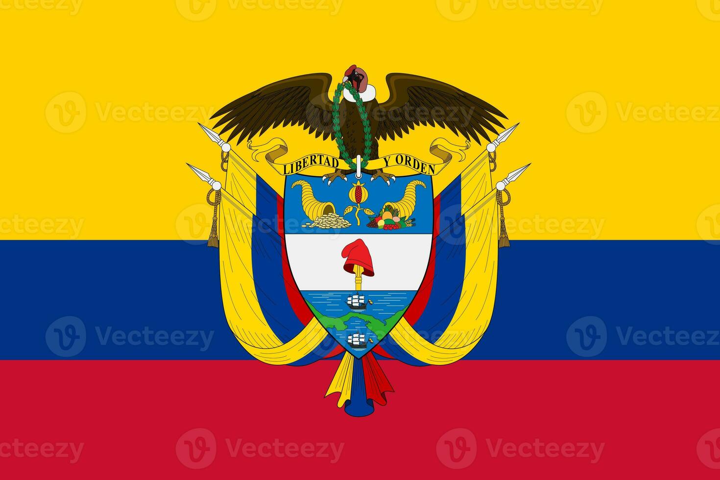 The official current flag and coat of arms of Republic of Colombia. State flag of Colombia. Illustration. photo