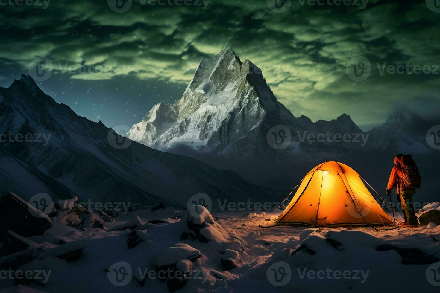 AI generated Incredible snow capped mountain view with clouds in winter season. photo