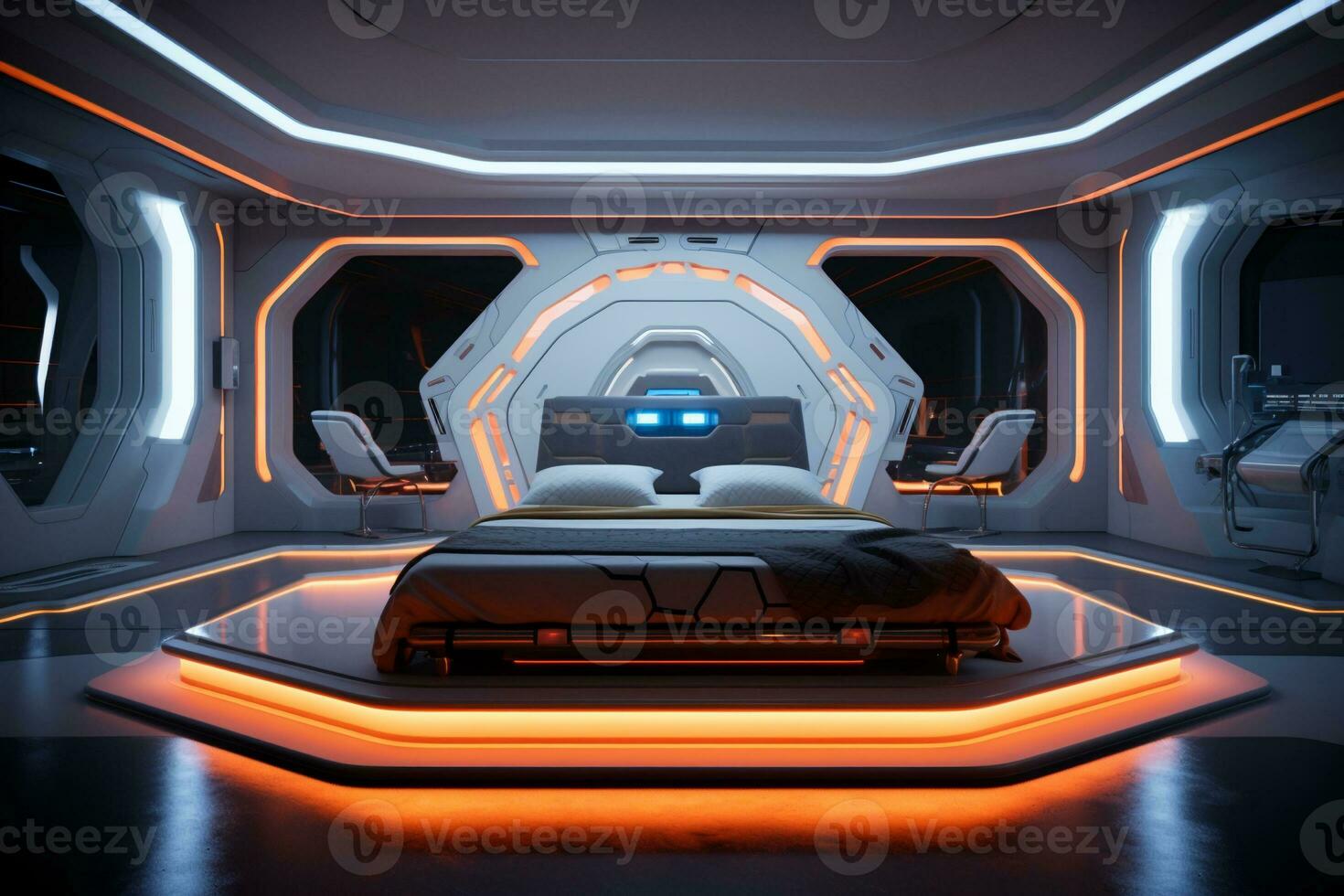 AI generated futuristic bedroom, luxurious room with round shapes and soft light, photo
