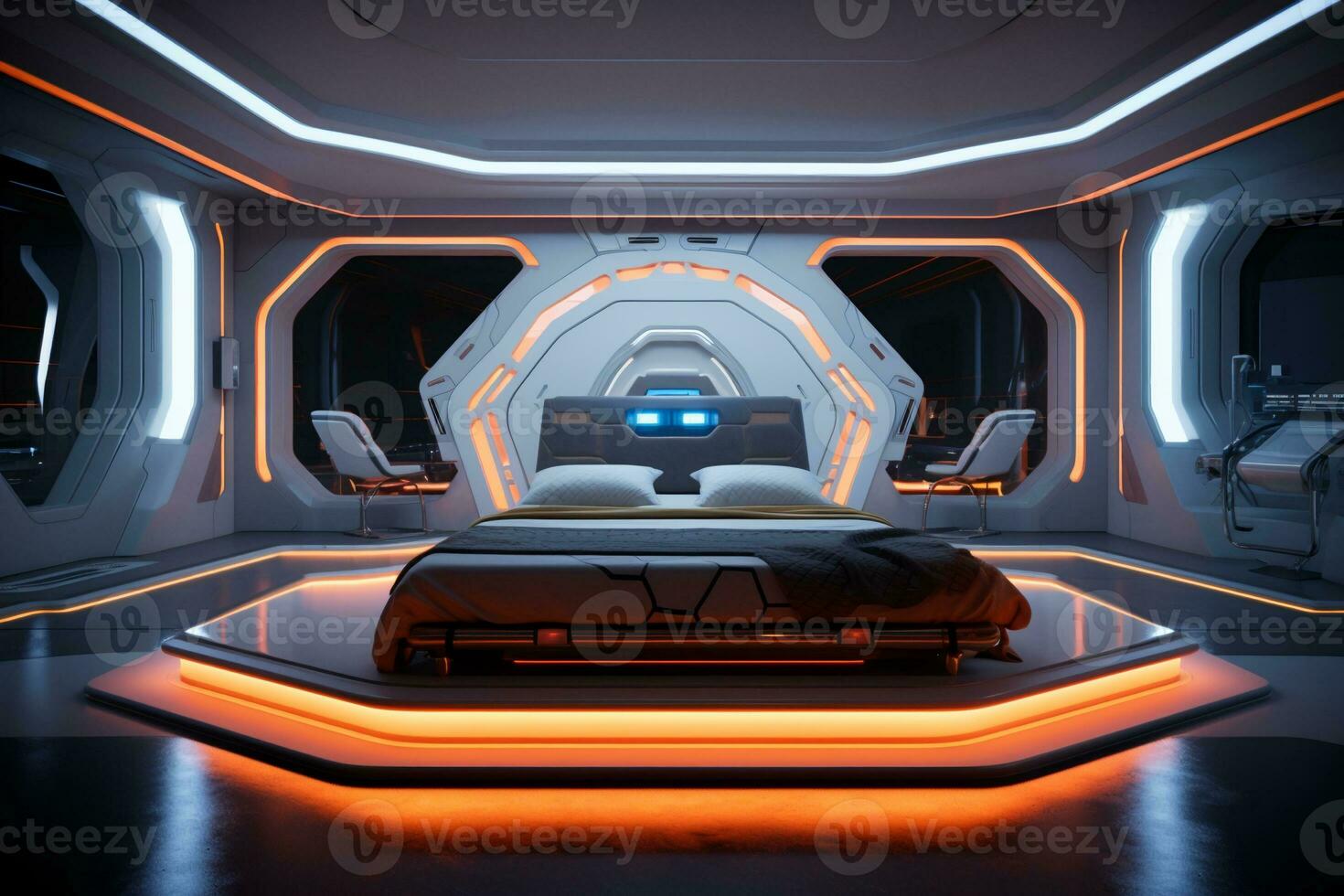 ai generado futurista dormitorio, lujoso habitación con redondo formas y suave luz, foto