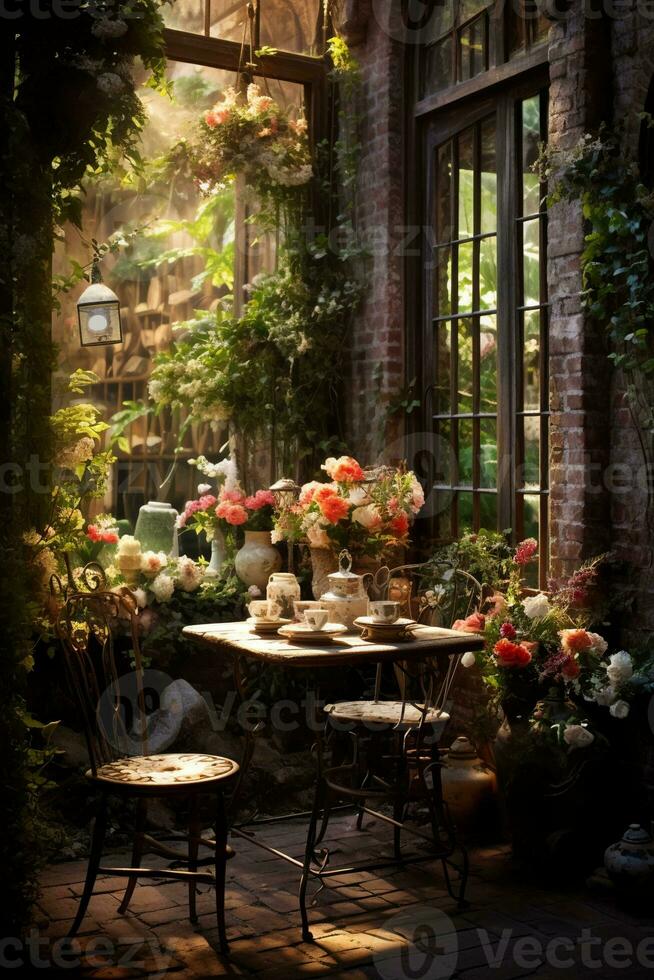 AI generated Summer view of green garden from inside house window photo