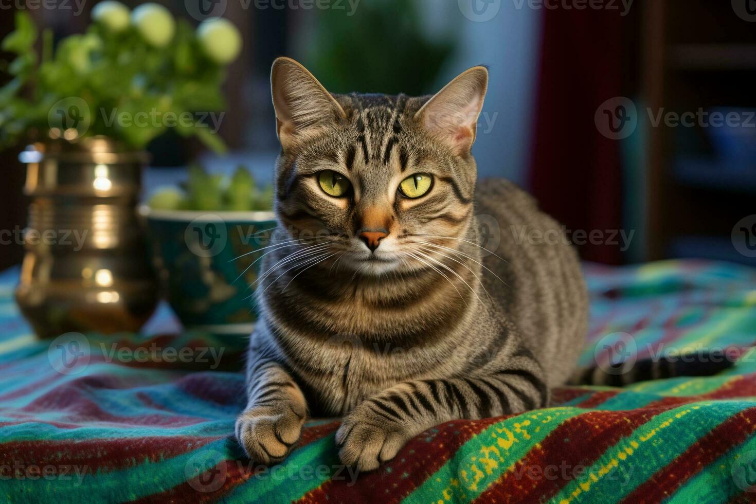 AI generated Portrait of a sleeping striped young cat on a gray sofa photo