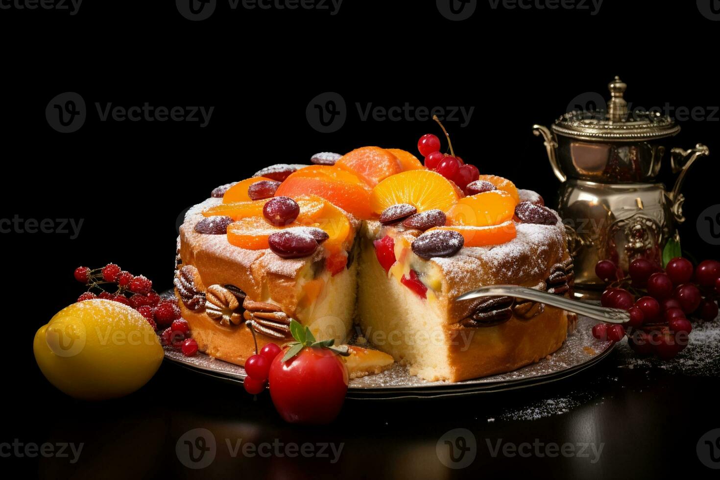 AI generated a fruit cake with a variety of fruits on top photo