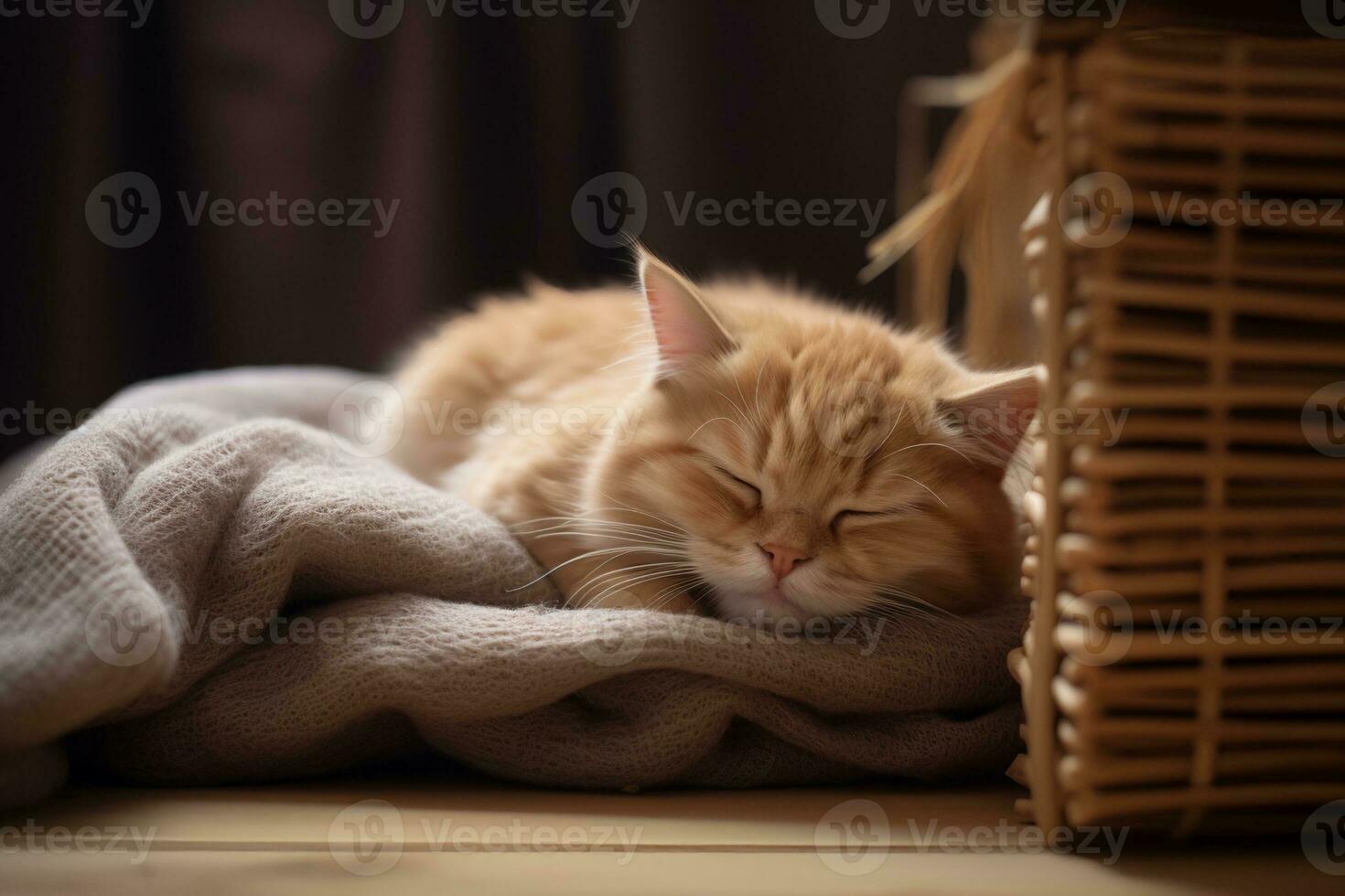 AI generated Portrait of a sleeping striped young cat on a gray sofa photo