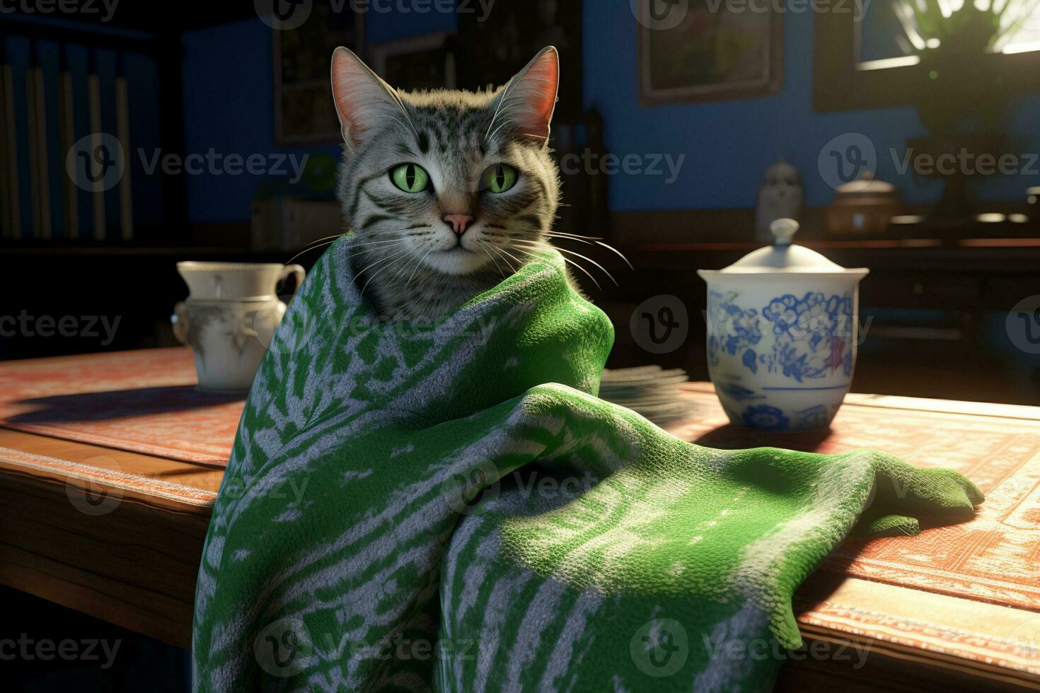 AI generated Portrait of a sleeping striped young cat on a gray sofa photo