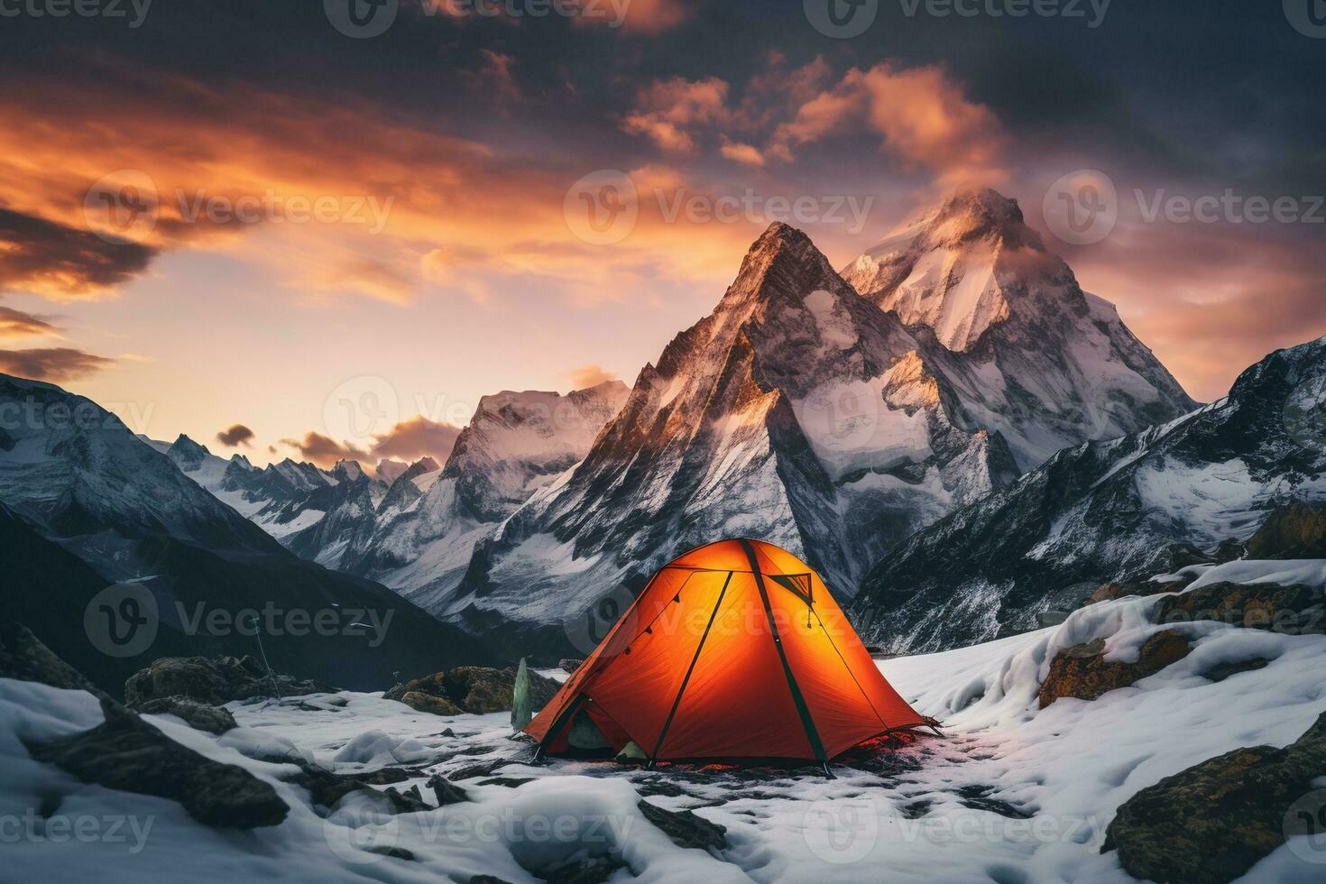 AI generated Incredible snow capped mountain view with clouds in winter season. photo