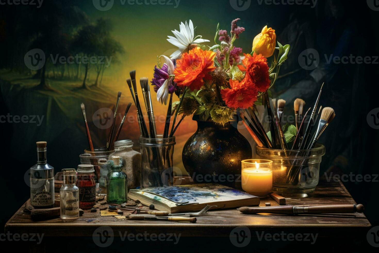 AI generated empty artist canvas on wooden easel and paint brushes Retro toned photo