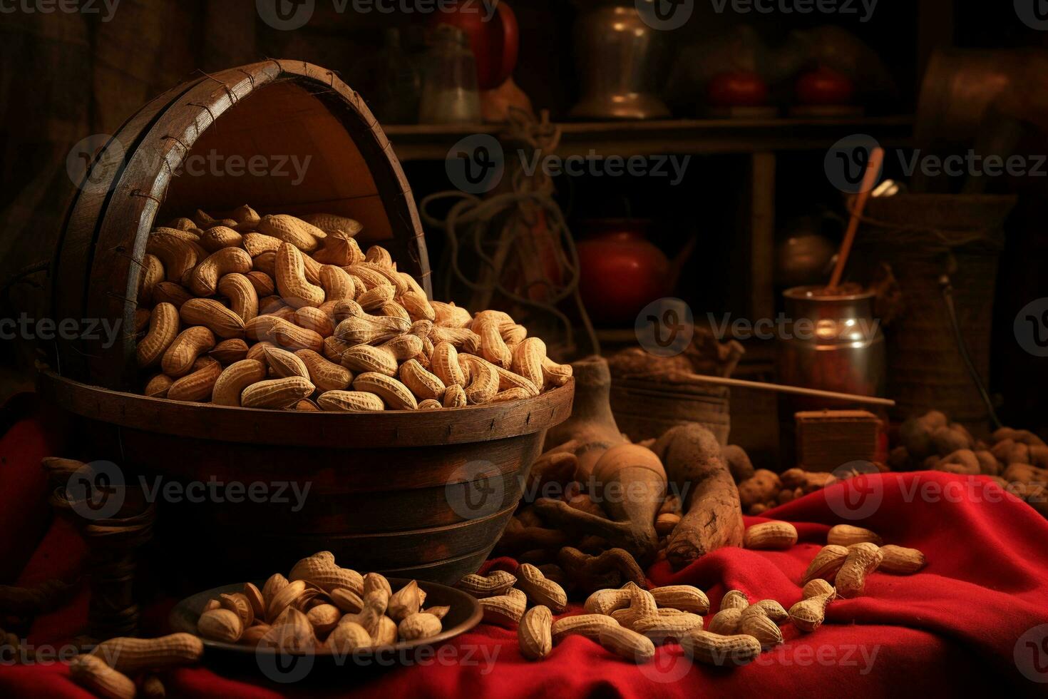 AI generated Wooden bowl with mixed on Wooden table top view photo