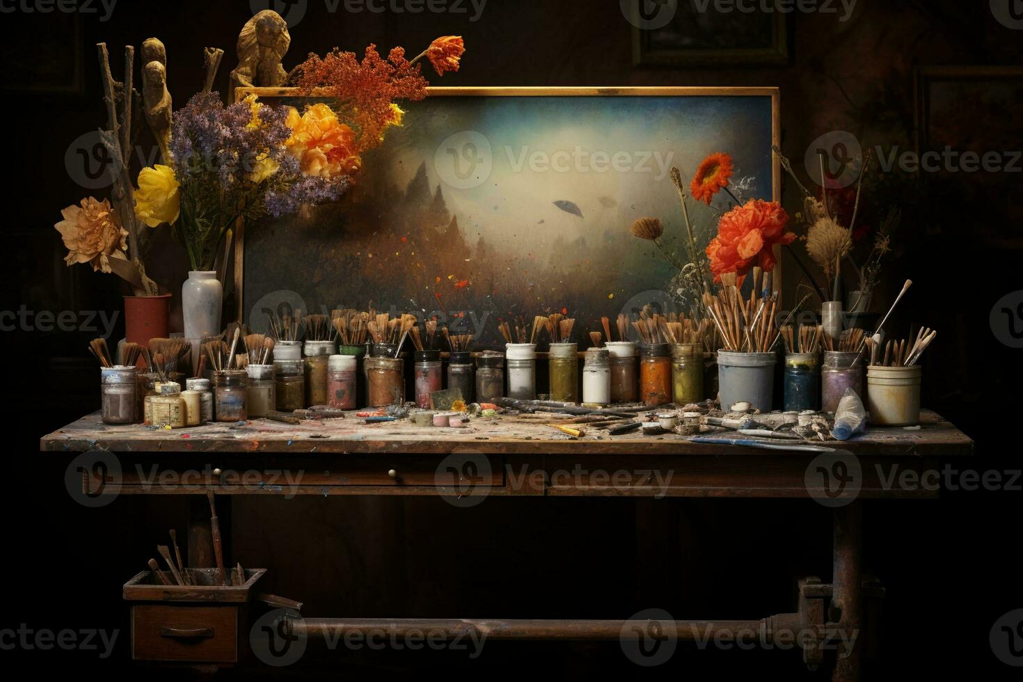 AI generated empty artist canvas on wooden easel and paint brushes Retro toned photo