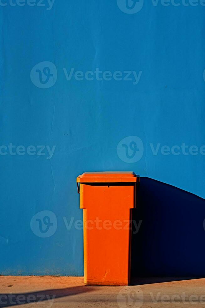 AI generated orange waste bin in front of big blue door photo