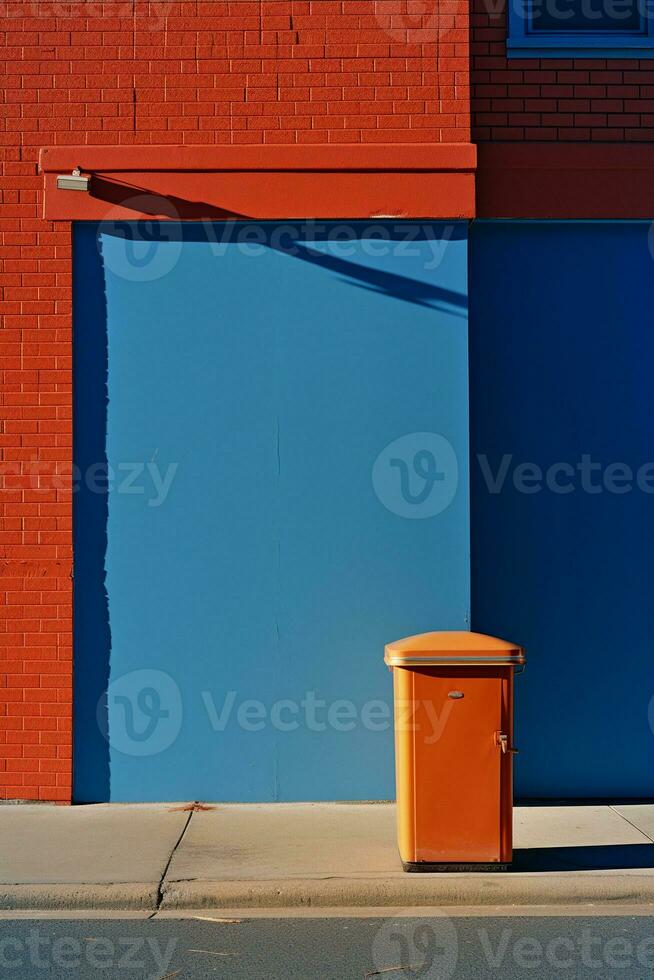 AI generated orange waste bin in front of big blue door photo