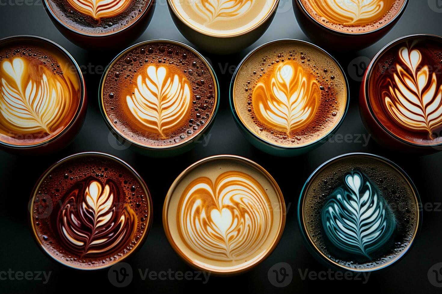 AI generated A row of espresso cups filled with freshly brewed shots of espresso photo