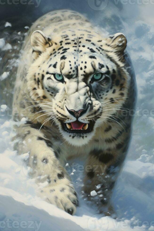 ai generado imagen de nieve leopardo corriendo en el montañas madera foto