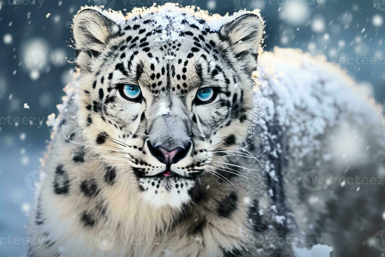 AI generated Image of snow leopard running in the mountains wood photo