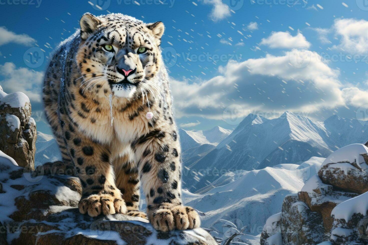 AI generated Image of snow leopard running in the mountains wood photo