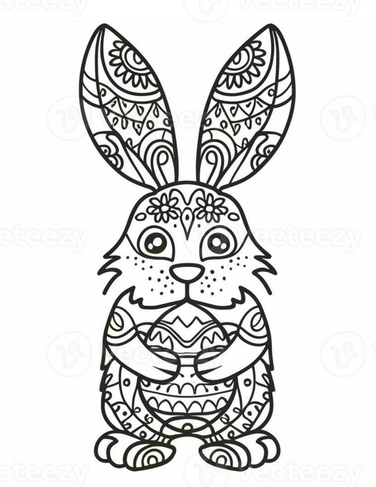 AI generated beautiful easter bunny with easter egg coloring page for kids for easter photo