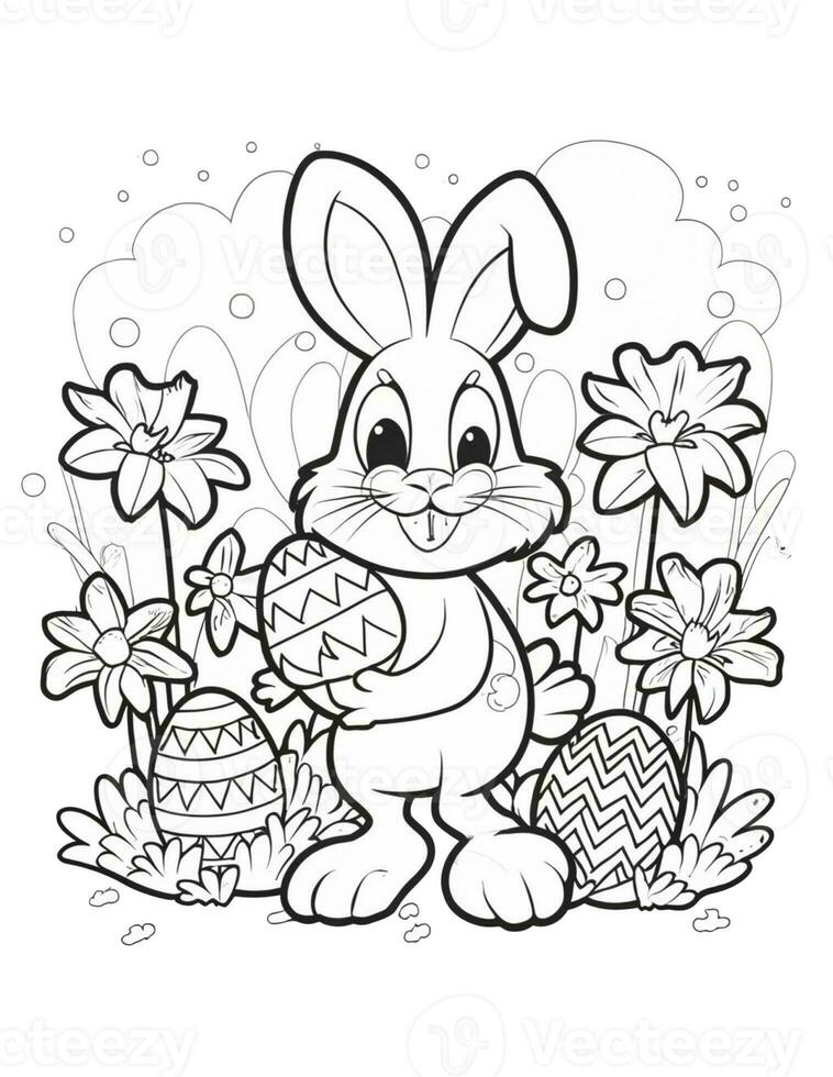 AI generated beautiful easter bunny with easter egg coloring page for kids for easter photo