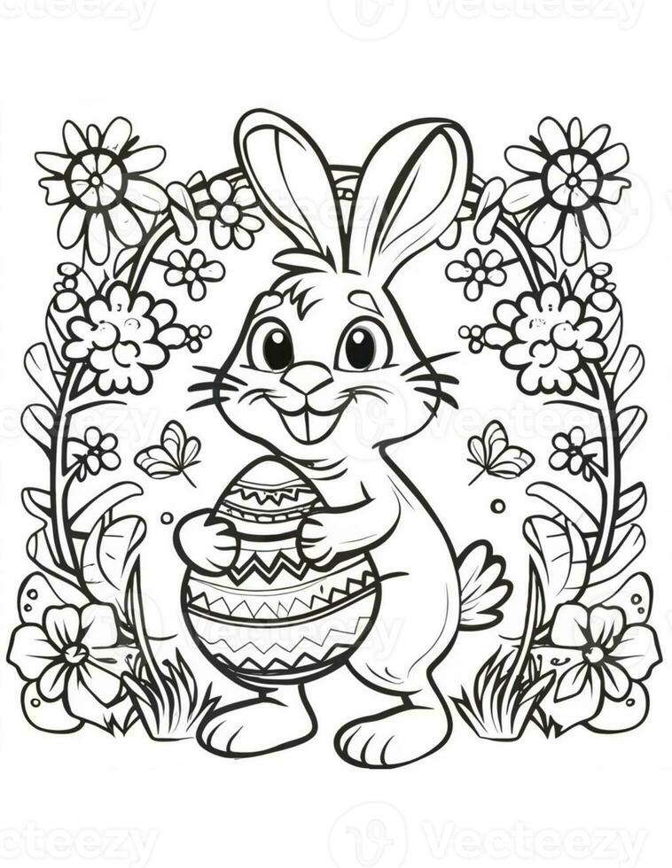 AI generated beautiful easter bunny with easter egg coloring page for kids for easter photo