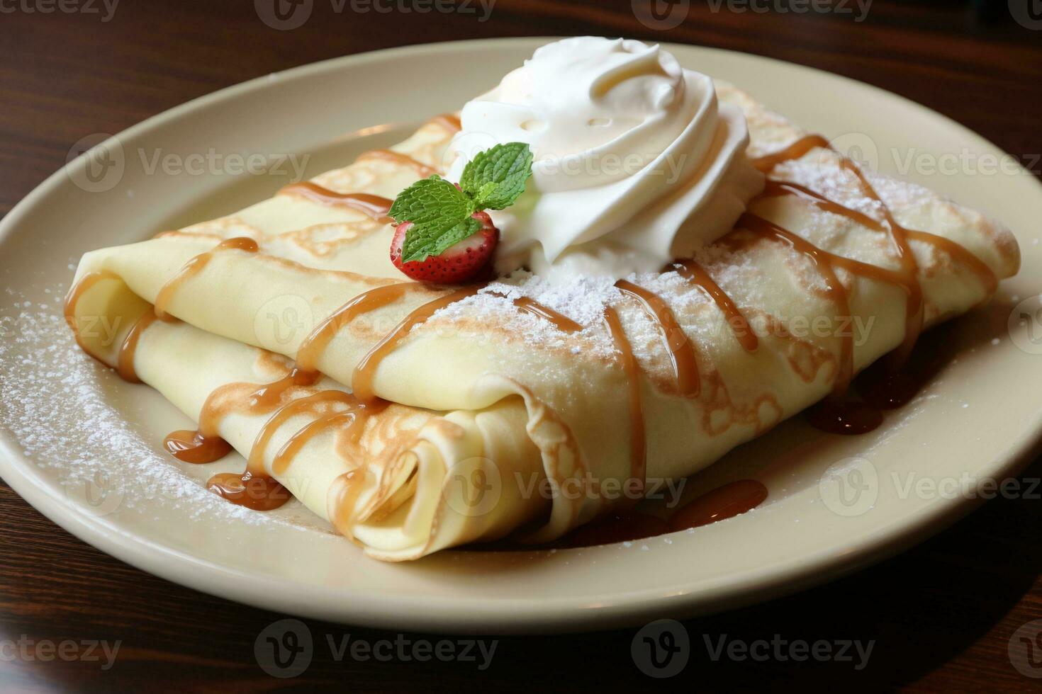 ai generado tortita con crema en plato foto