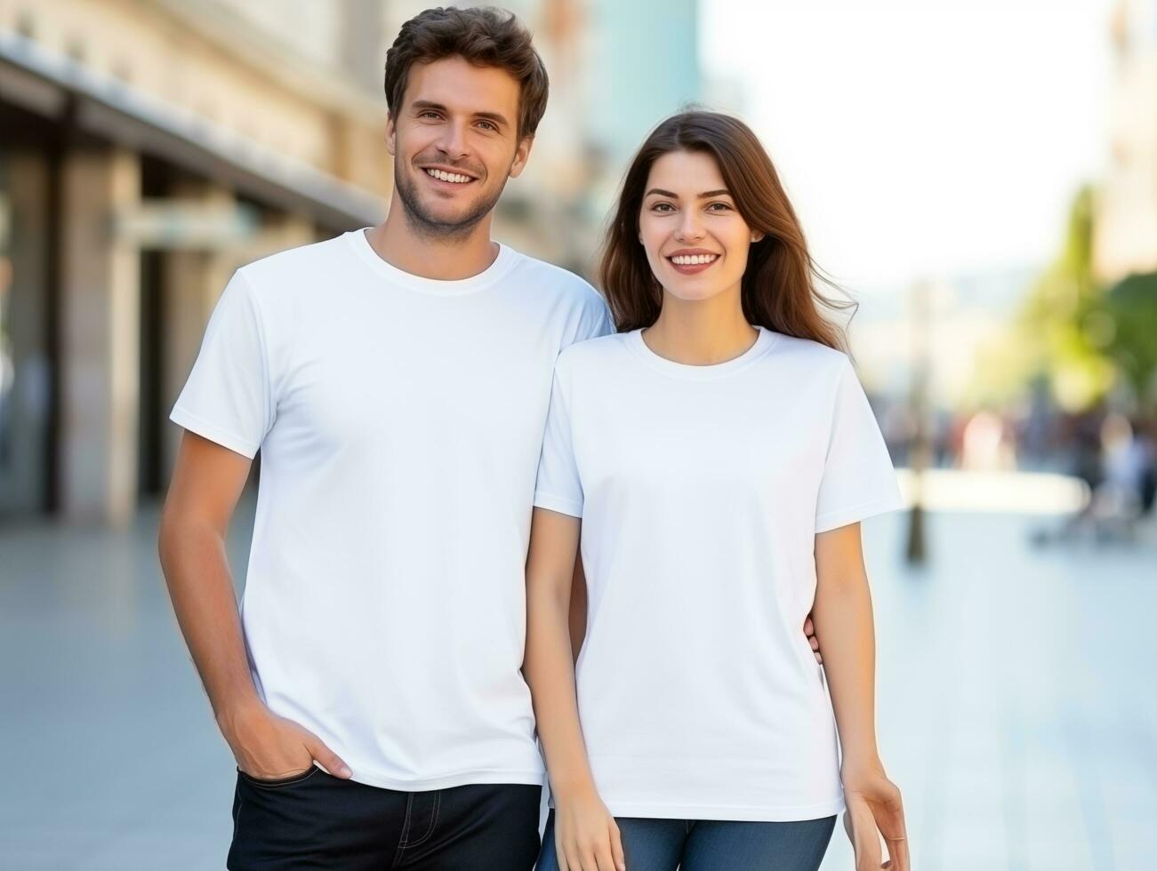 ai generado un Pareja novio y Novia vistiendo blanco blanco pareo camisetas Bosquejo para diseño modelo foto