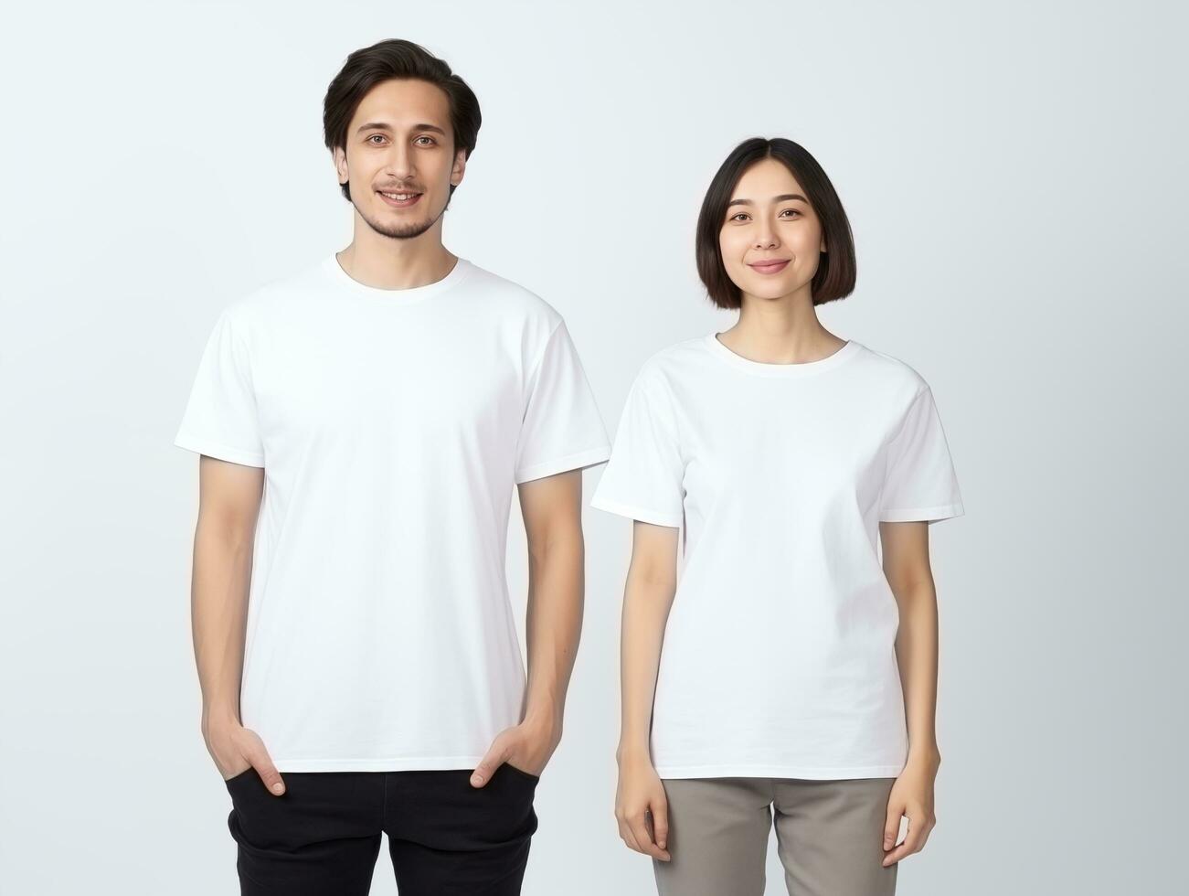 ai generado un Pareja novio y Novia vistiendo blanco blanco pareo camisetas Bosquejo para diseño modelo foto