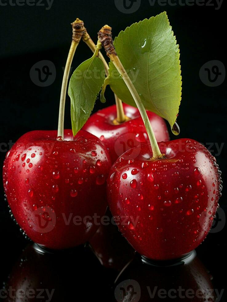 AI generated Fresh Ripe Cherry on Black background, Juicy and tasty Fruit, Healthy Food photo