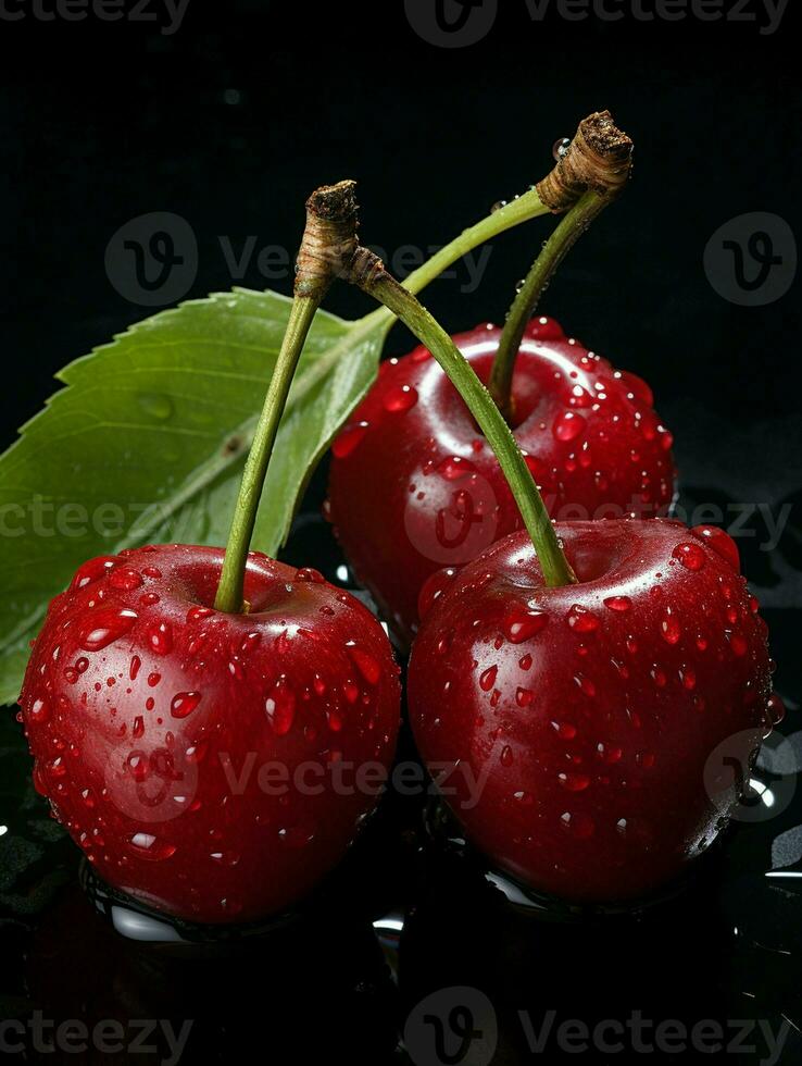 ai generado Fresco maduro Cereza en negro fondo, jugoso y sabroso fruta, sano comida foto