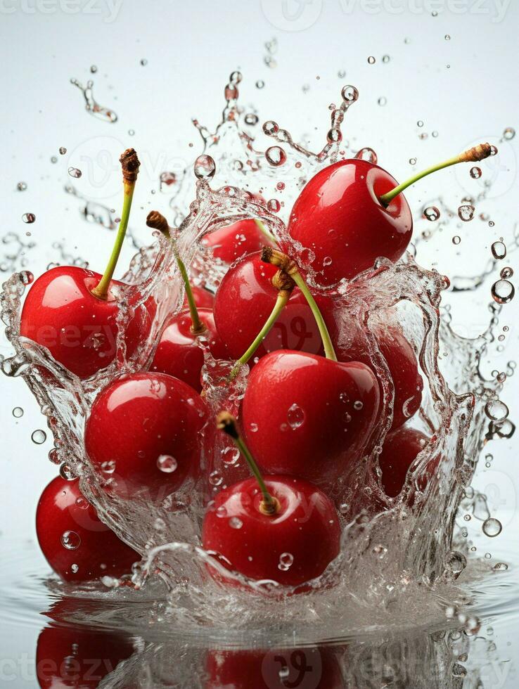 AI generated Fresh Ripe Cherry with Splash effect, Juicy and tasty Fruit, Healthy Food photo