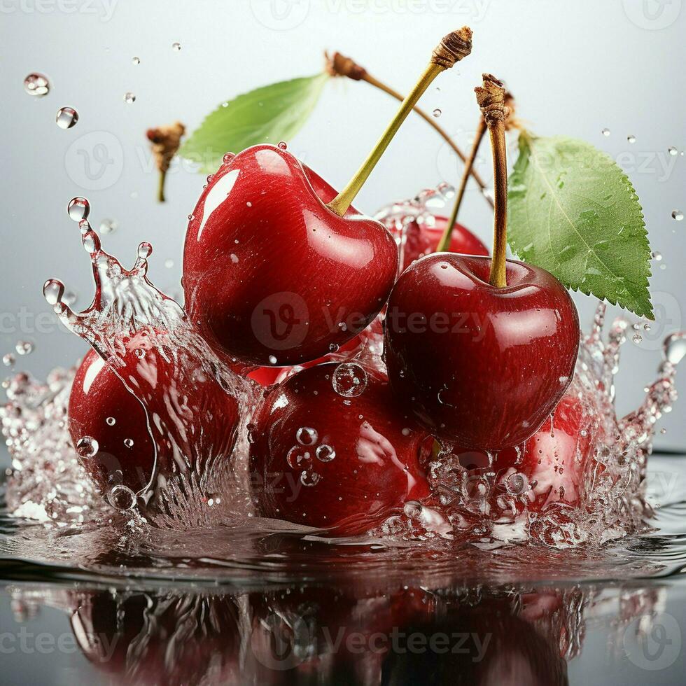 AI generated Fresh Ripe Cherry with Splash effect, Juicy and tasty Fruit, Healthy Food photo