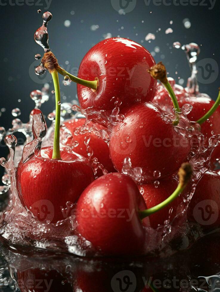 AI generated Fresh Ripe Cherry with Splash effect, Juicy and tasty Fruit, Healthy Food photo