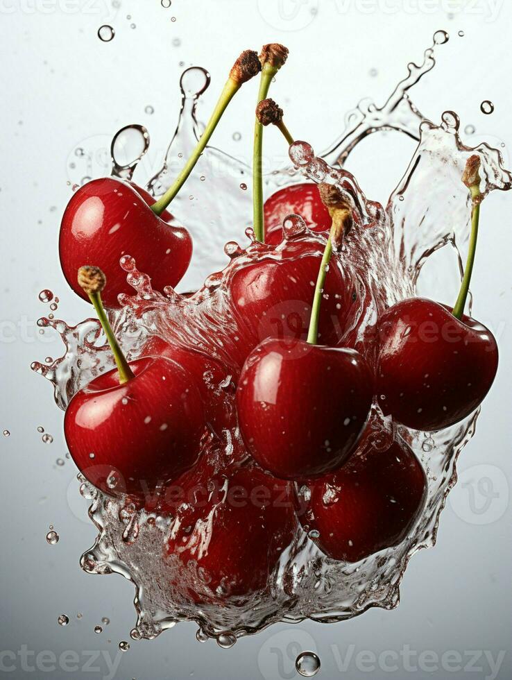 AI generated Fresh Ripe Cherry with Splash effect, Juicy and tasty Fruit, Healthy Food photo