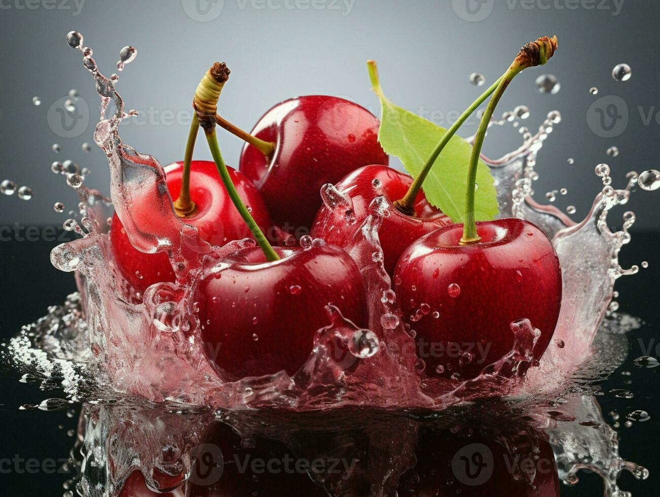 AI generated Fresh Ripe Cherry with Splash effect, Juicy and tasty Fruit, Healthy Food photo