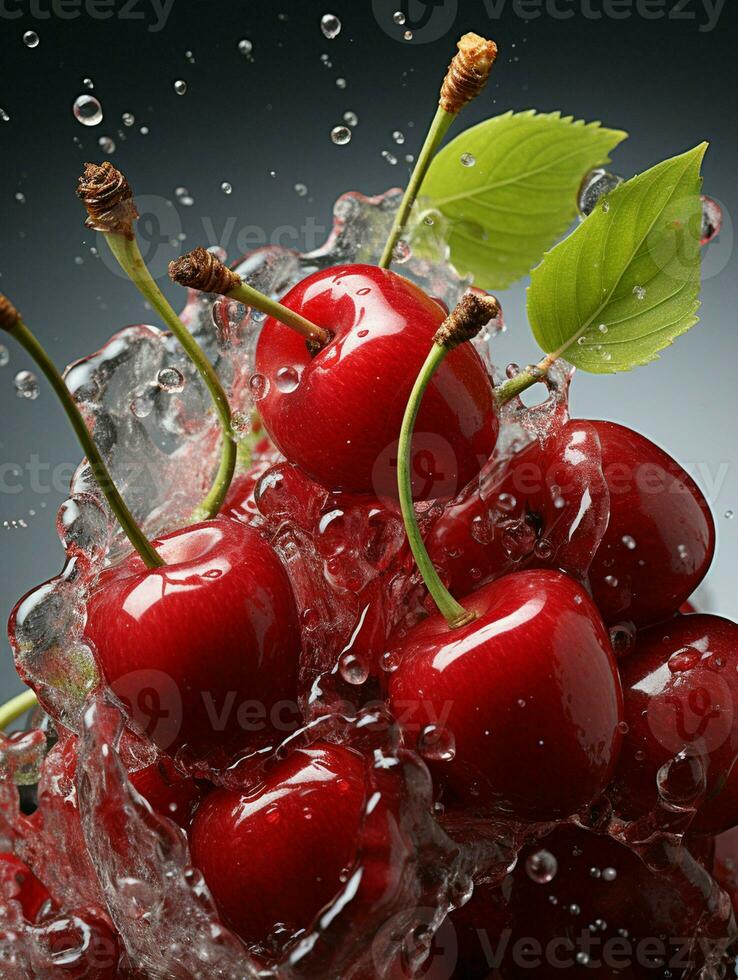 AI generated Fresh Ripe Cherry with Splash effect, Juicy and tasty Fruit, Healthy Food photo