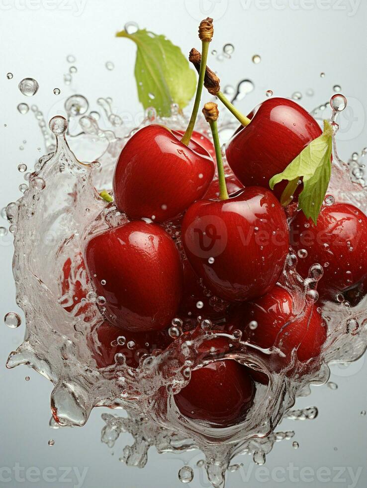 AI generated Fresh Ripe Cherry with Splash effect, Juicy and tasty Fruit, Healthy Food photo