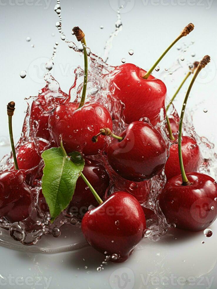 AI generated Fresh Ripe Cherry with Splash effect, Juicy and tasty Fruit, Healthy Food photo