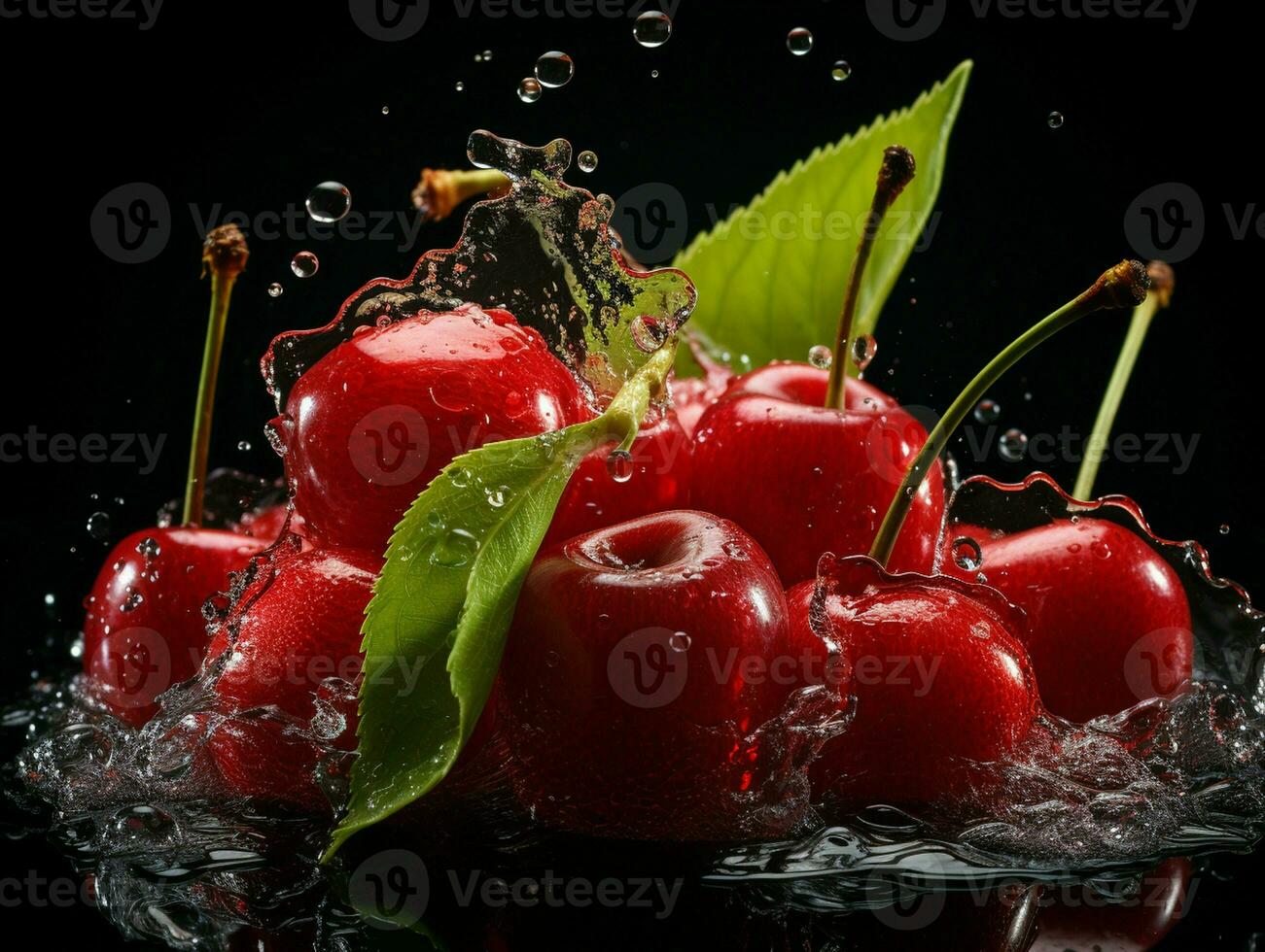 AI generated Fresh Ripe Cherry with Splash effect, Juicy and tasty Fruit, Healthy Food photo