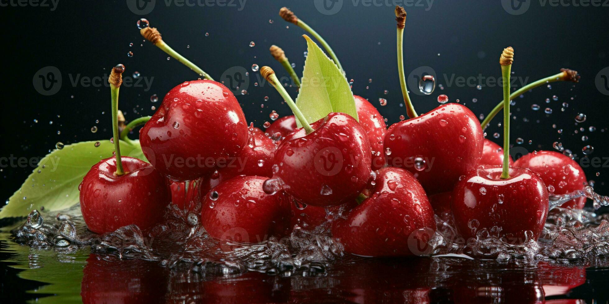 AI generated Fresh Ripe Cherry with Splash effect, Juicy and tasty Fruit, Healthy Food photo