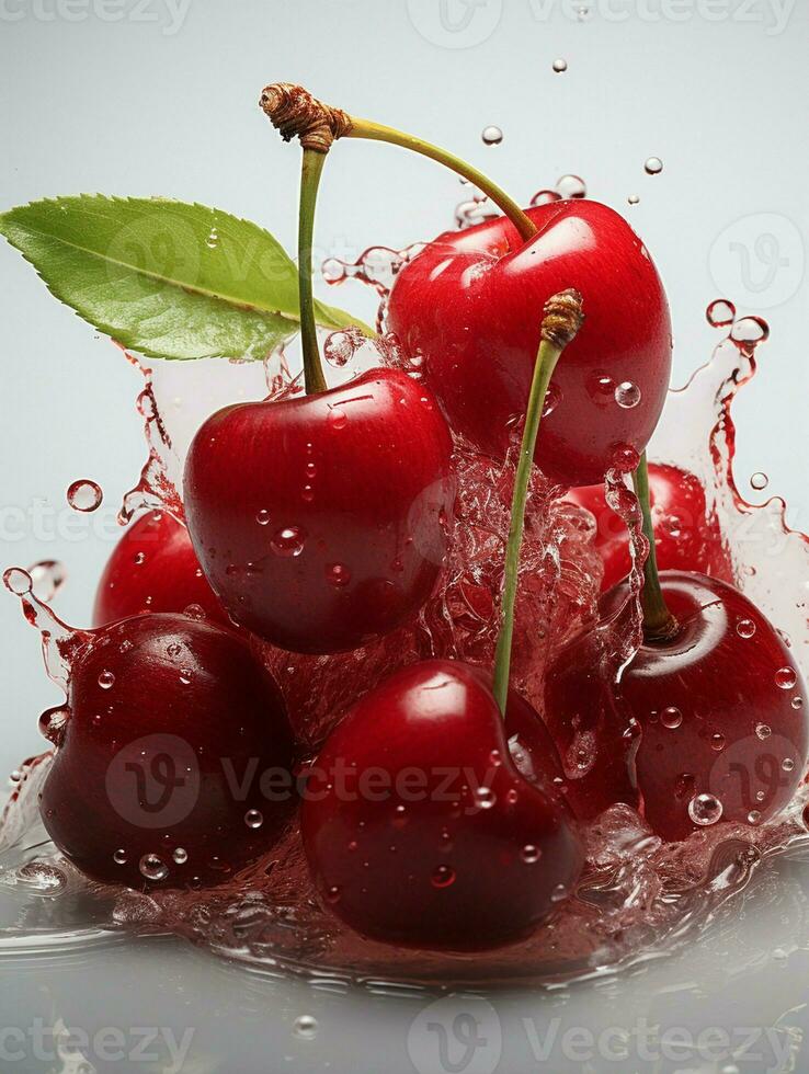 AI generated Fresh Ripe Cherry with Splash effect, Juicy and tasty Fruit, Healthy Food photo