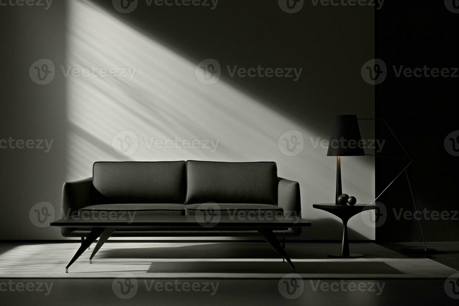 AI generated a black couch and table in an open room photo