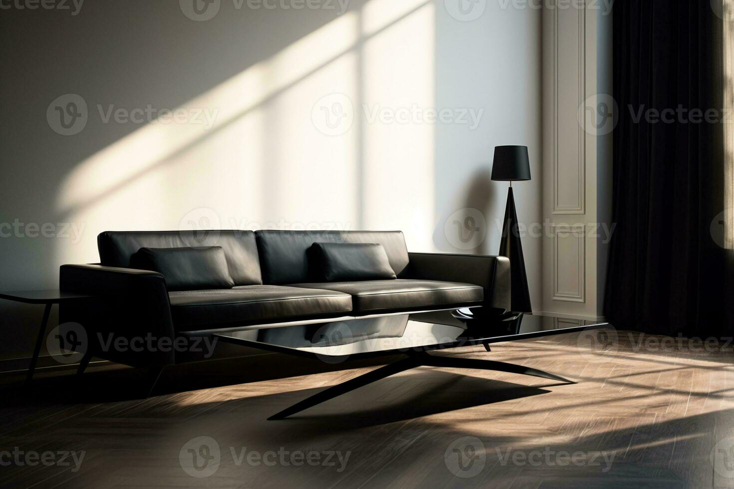 AI generated a black couch and table in an open room photo
