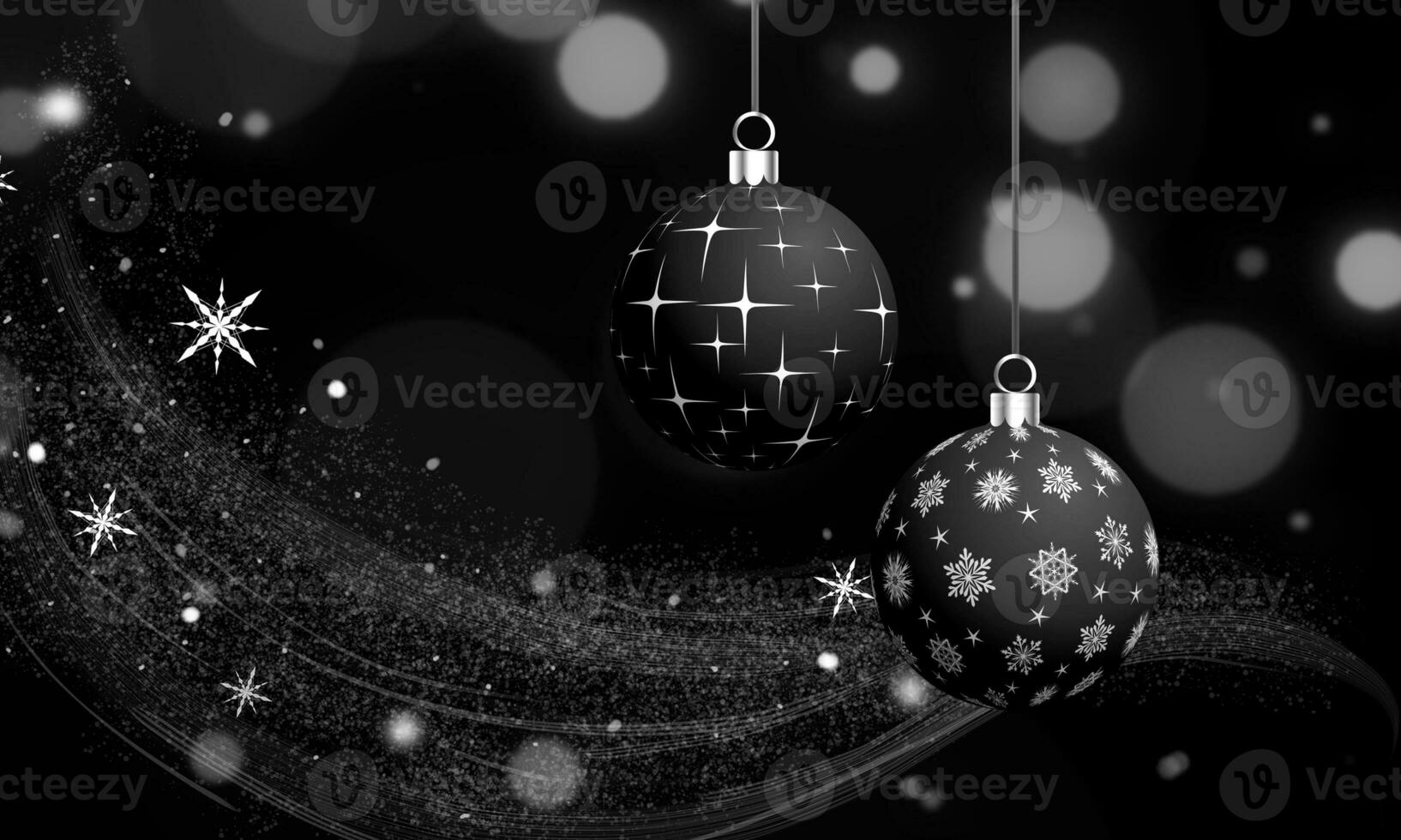 Black and white christmas background with christmas balls and snowflakes photo