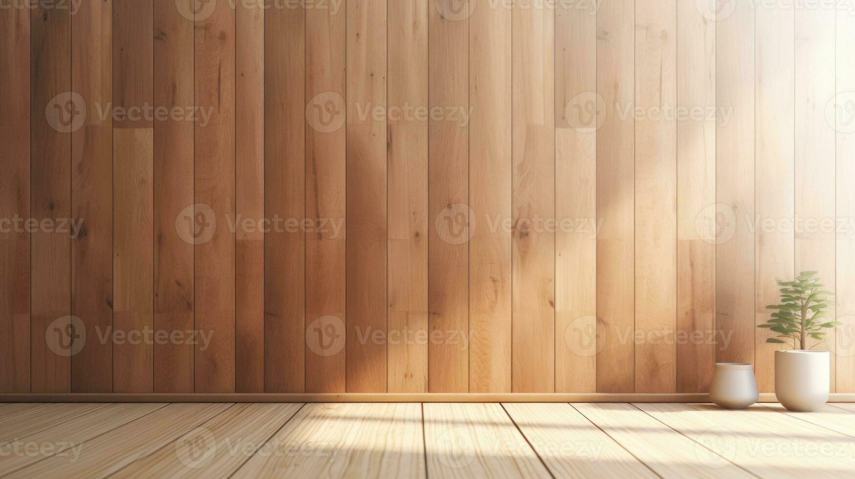 AI generated wood wall empty room mock-up, ai photo